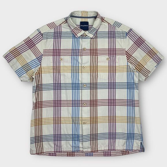 Tommy Bahama Shirt Mens Extra Large Silk Check Striped White Island Zone Pockets - Picture 3 of 14